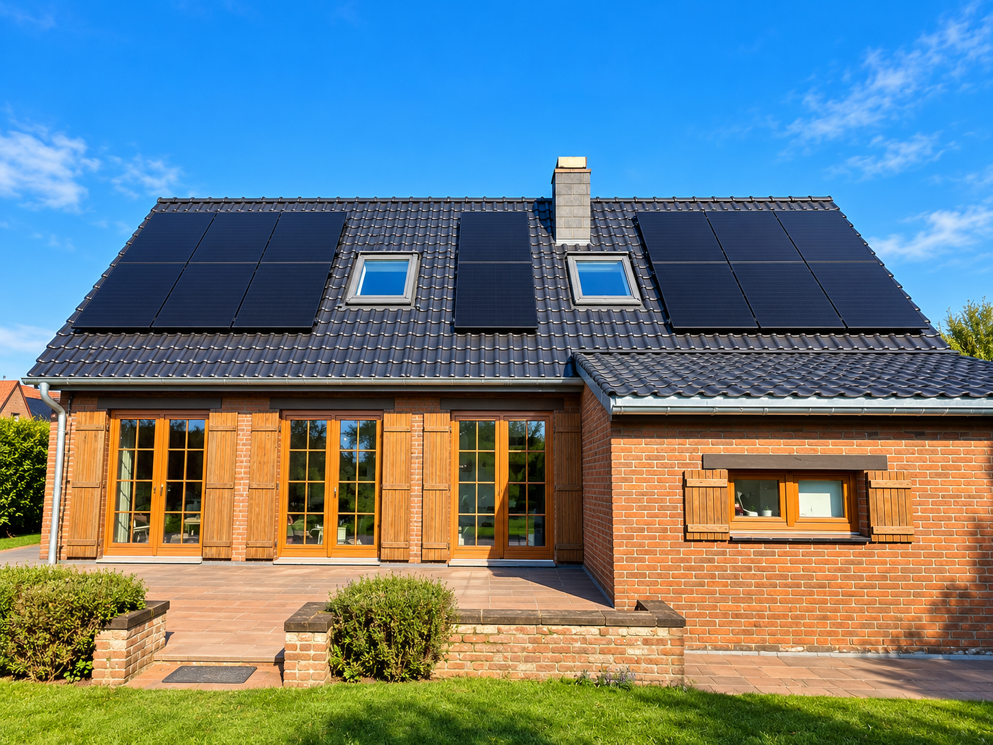 Maison en briques avec panneaux photovoltaïques de part et d'autre des fenêtres de toit